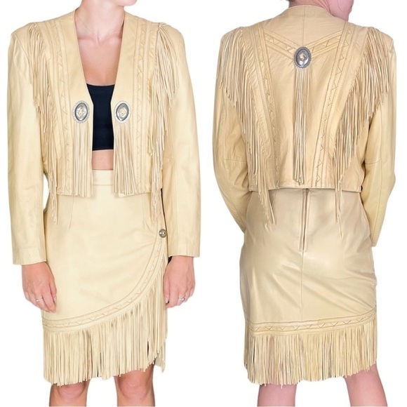 VINTAGE CONTINENTAL LEATHER SOUTHWEST BOLERO FRINGE CONCHO LAMB JACKET SKIRT SET
